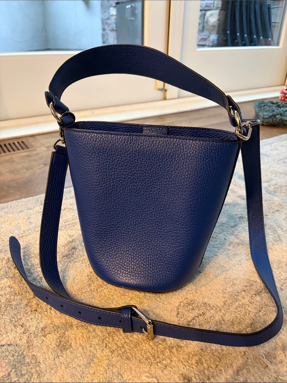 Pebbled Bucket Shoulder Bag in Navy Blue